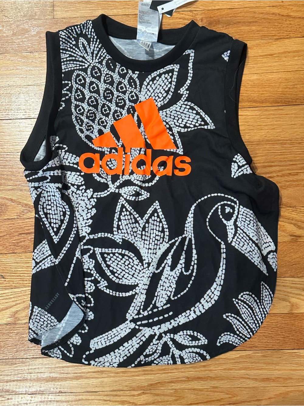 adidas Black Floral Rashguard with Orange Logo and tags